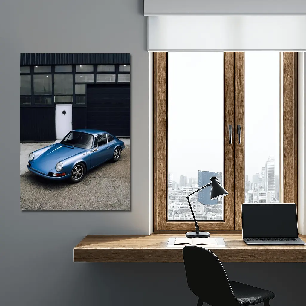 Classic Porsche 911 Blue Industrial Garage – Wall Art