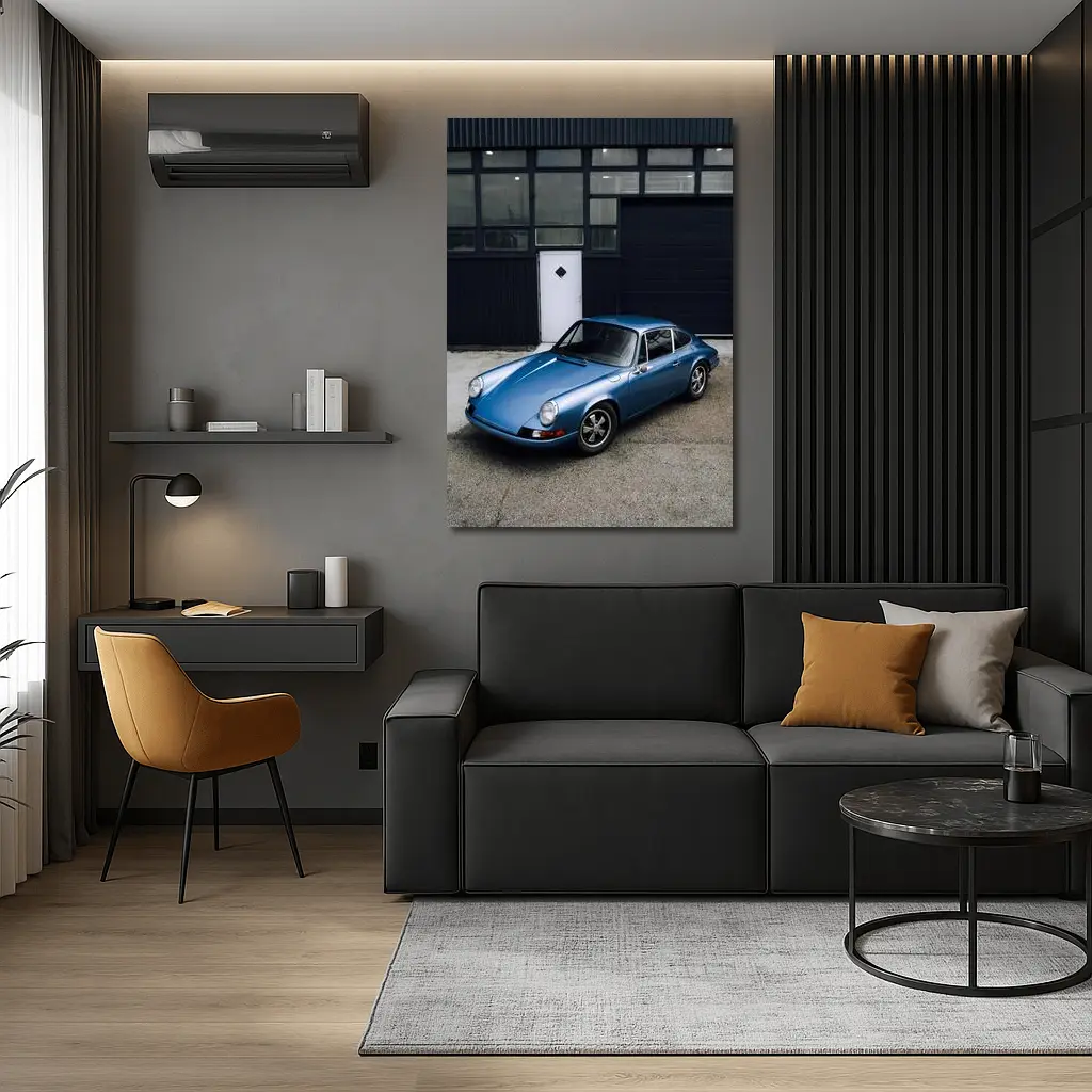 Classic Porsche 911 Blue Industrial Garage – Wall Art