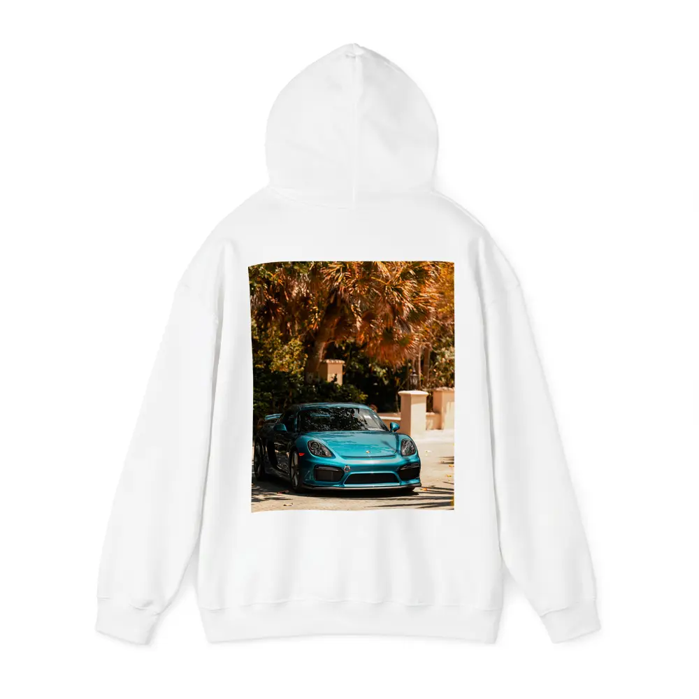 Porsche Cayman GT4 Teal Palm Trees Background – Hoodies