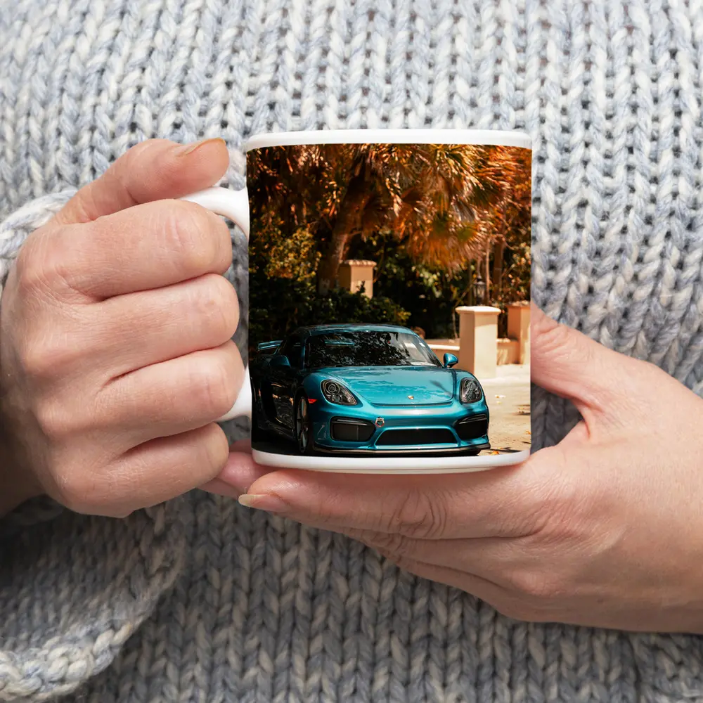 Porsche Cayman GT4 Teal Palm Trees Background – Mugs