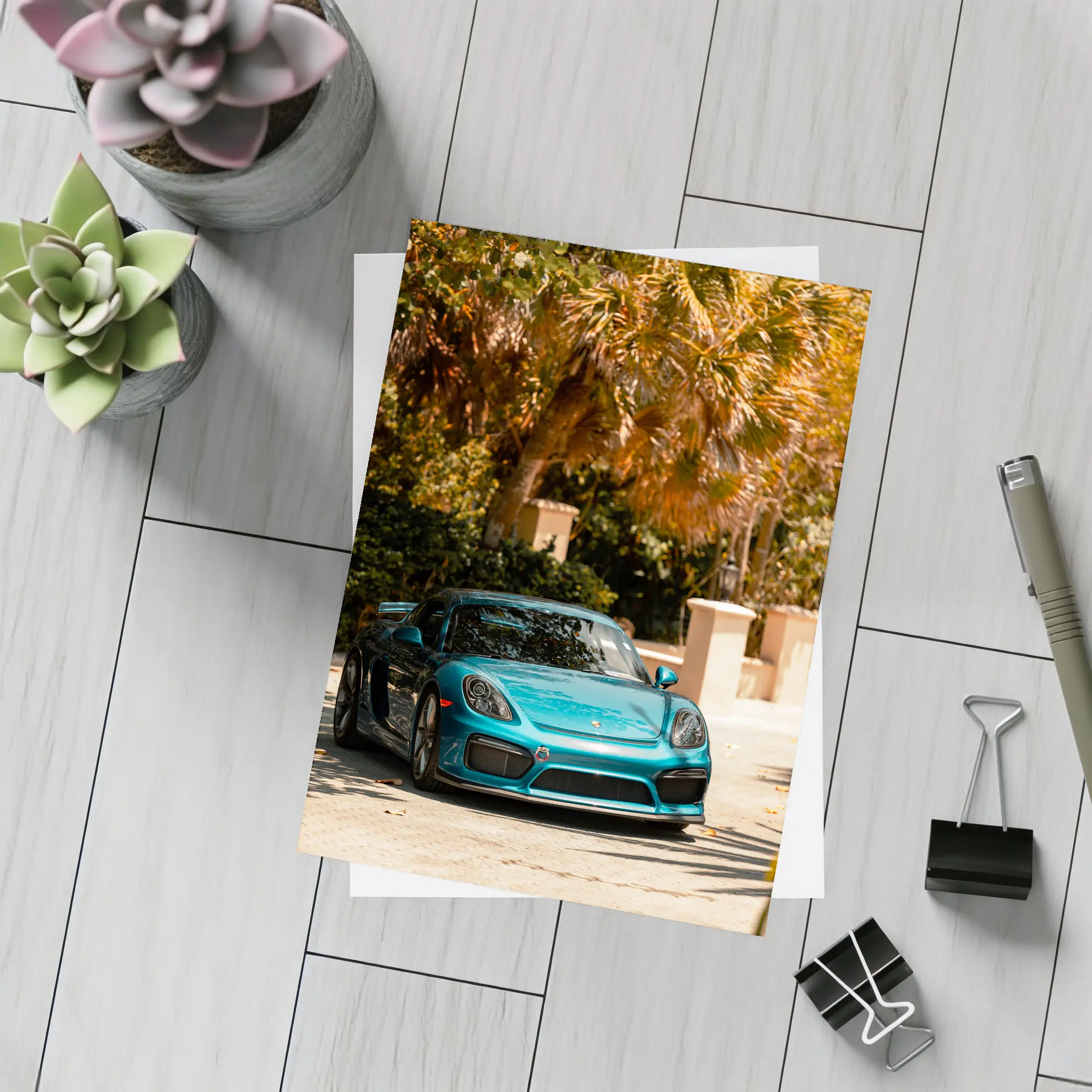 Porsche Cayman GT4 Teal Palm Trees Background – Postcards