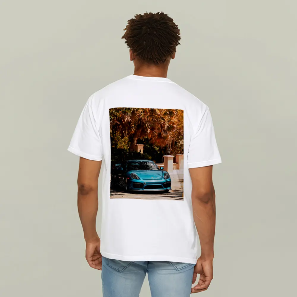Porsche Cayman GT4 Teal Palm Trees Background – T-Shirts