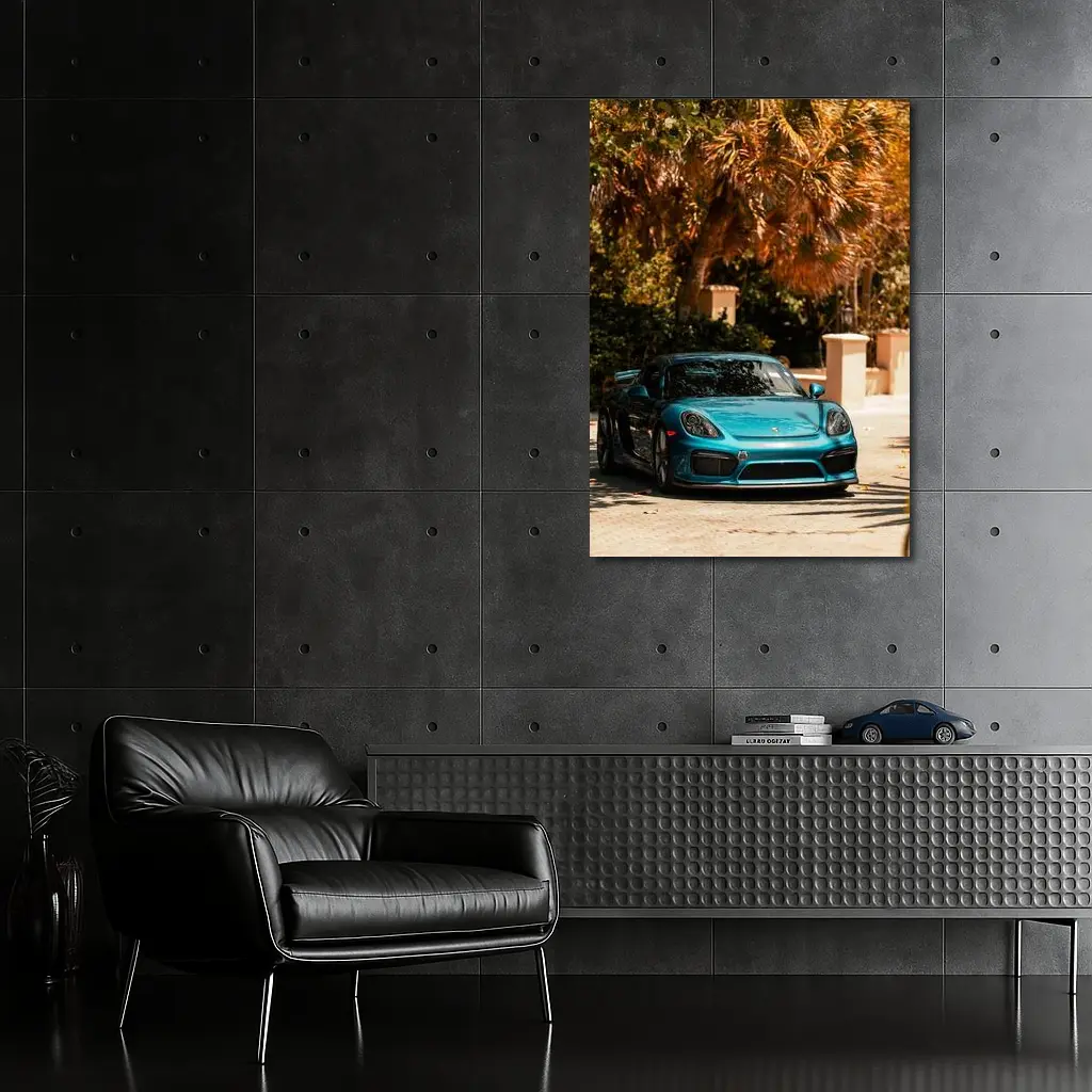 Porsche Cayman GT4 Teal Palm Trees Background – Wall Art
