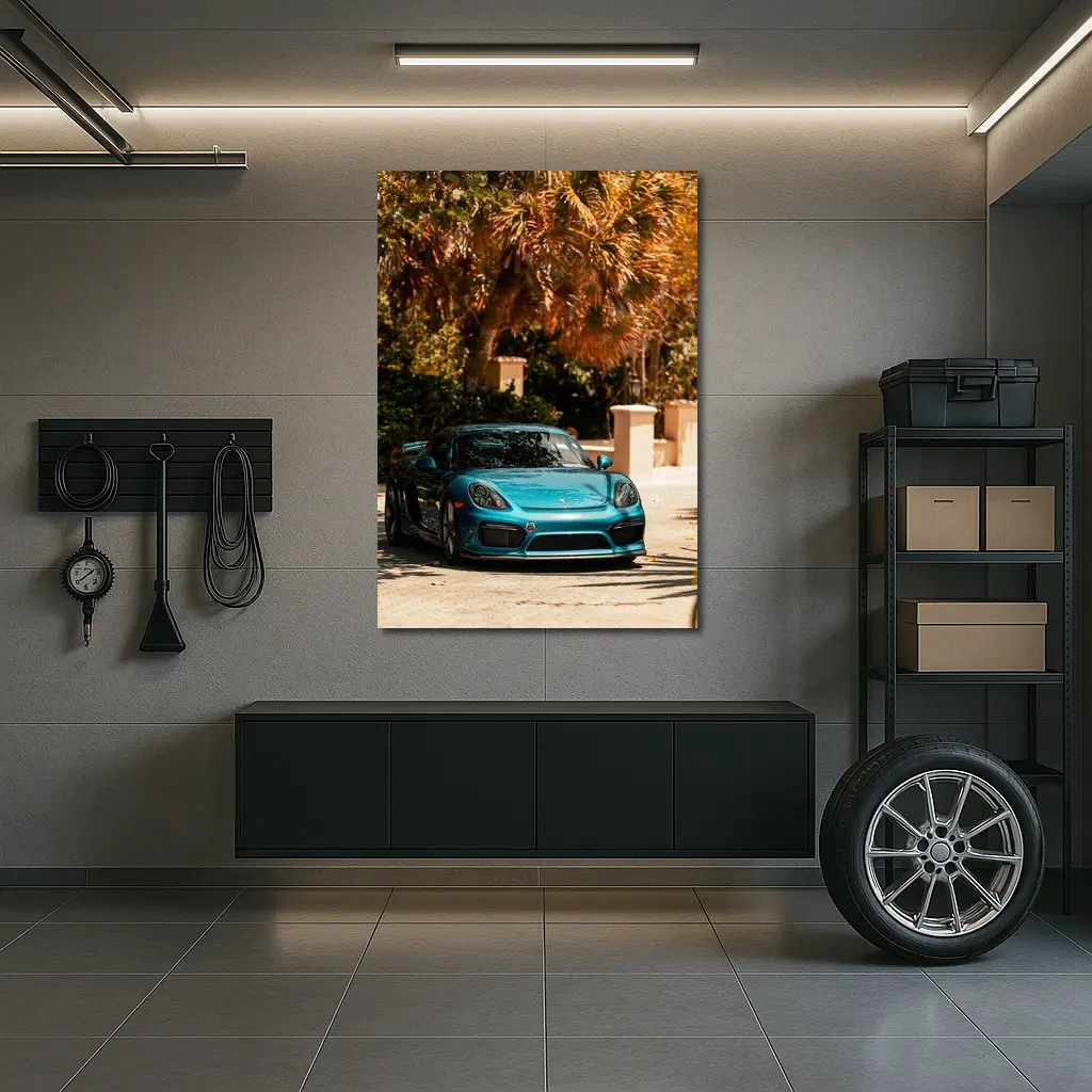 Porsche Cayman GT4 Teal Palm Trees Background – Wall Art