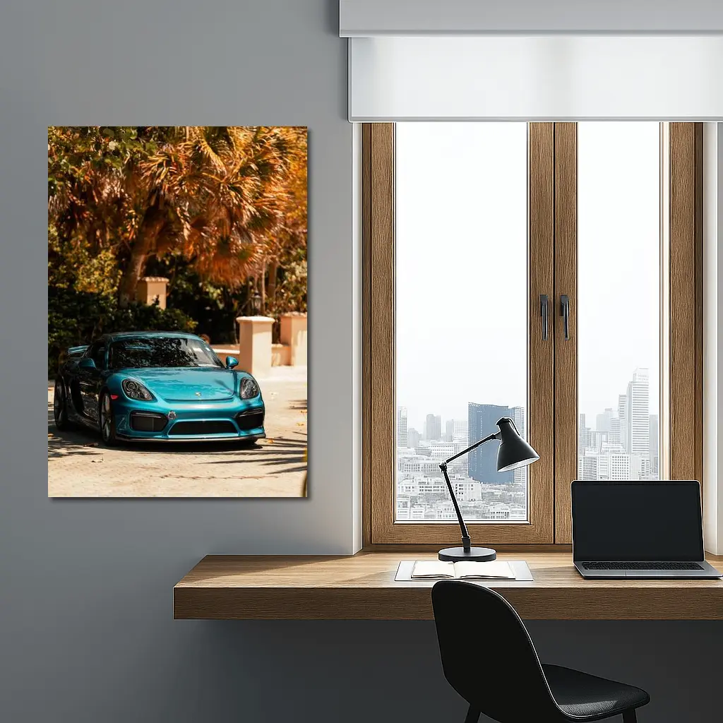 Porsche Cayman GT4 Teal Palm Trees Background – Wall Art