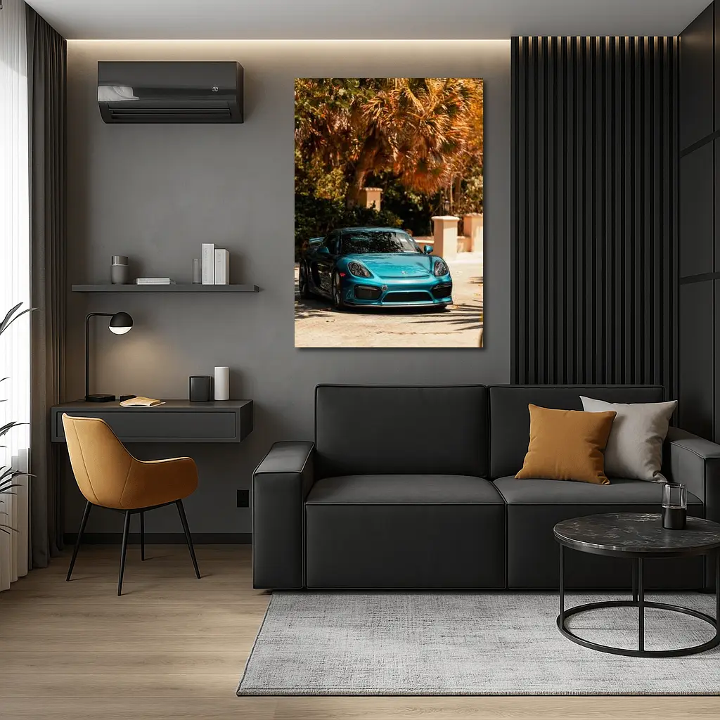 Porsche Cayman GT4 Teal Palm Trees Background – Wall Art