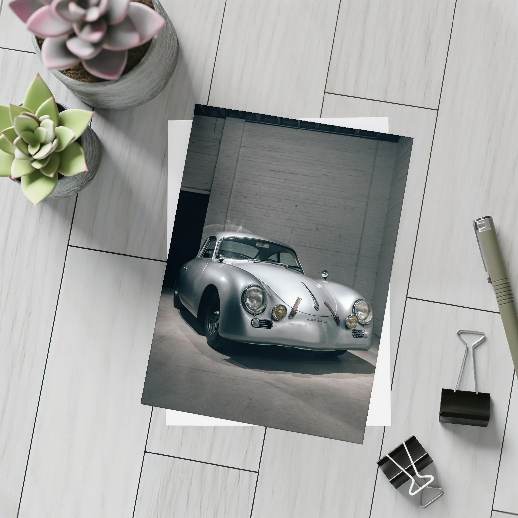 Porsche 356 Silver Classic Car Dark Garage – Postcards