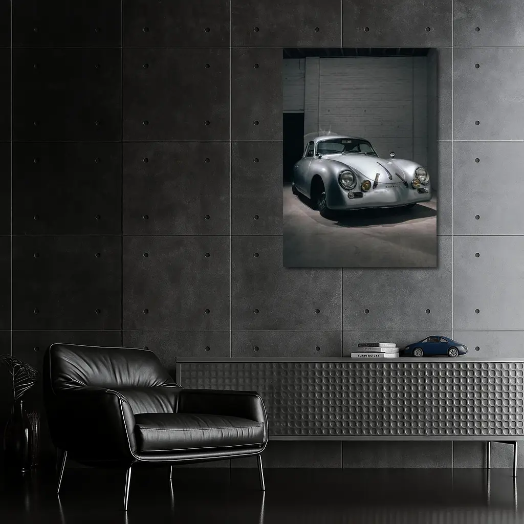 Porsche 356 Silver Classic Car Dark Garage – Wall Art