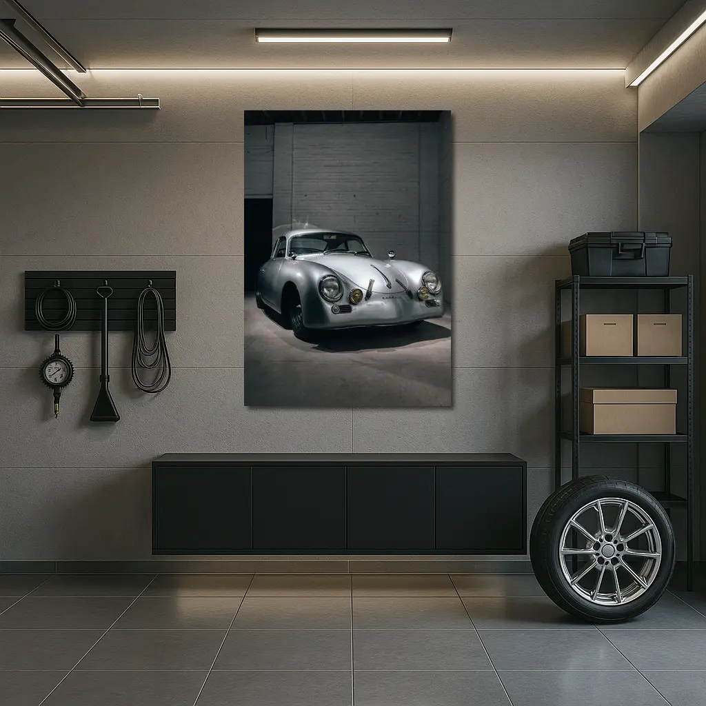 Porsche 356 Silver Classic Car Dark Garage – Wall Art