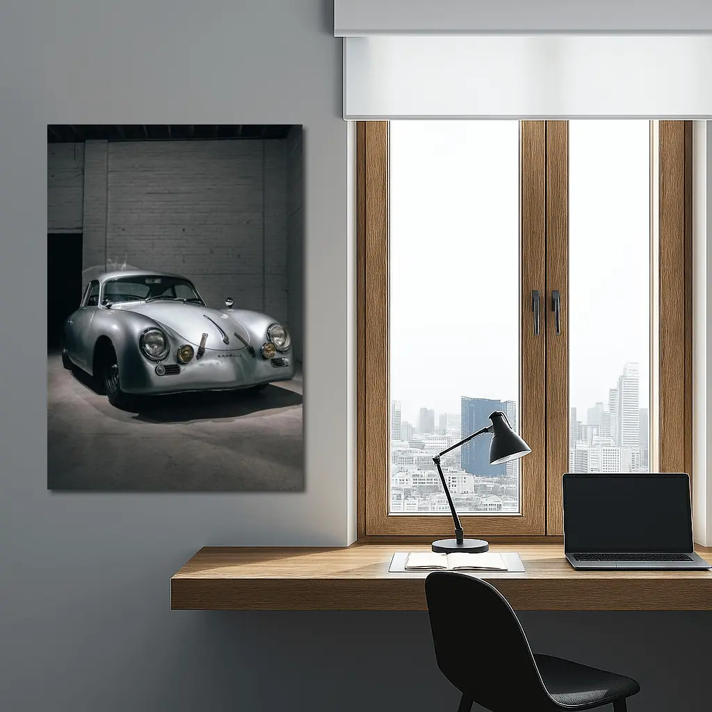Porsche 356 Silver Classic Car Dark Garage – Wall Art