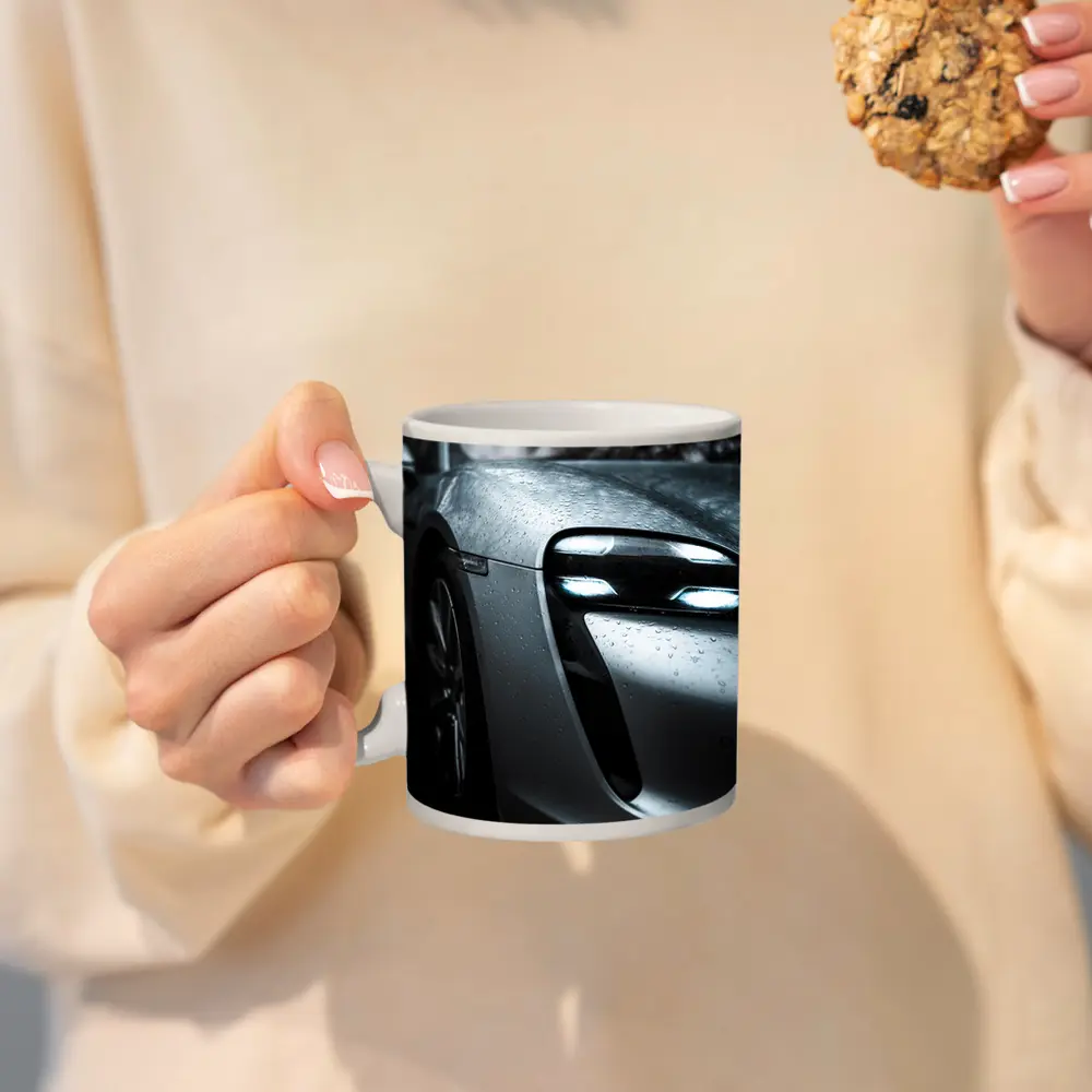 Porsche Taycan Front Close Up Rain Drops – Mugs