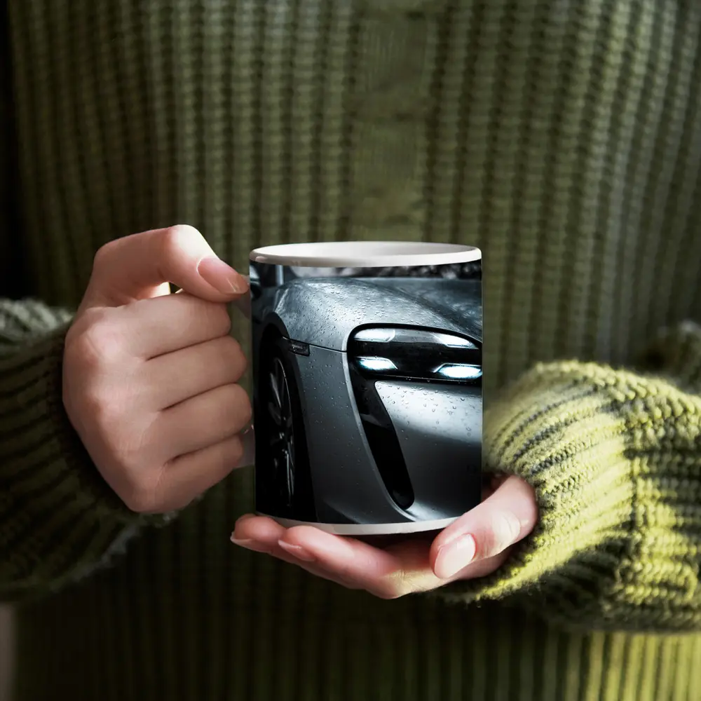 Porsche Taycan Front Close Up Rain Drops – Mugs