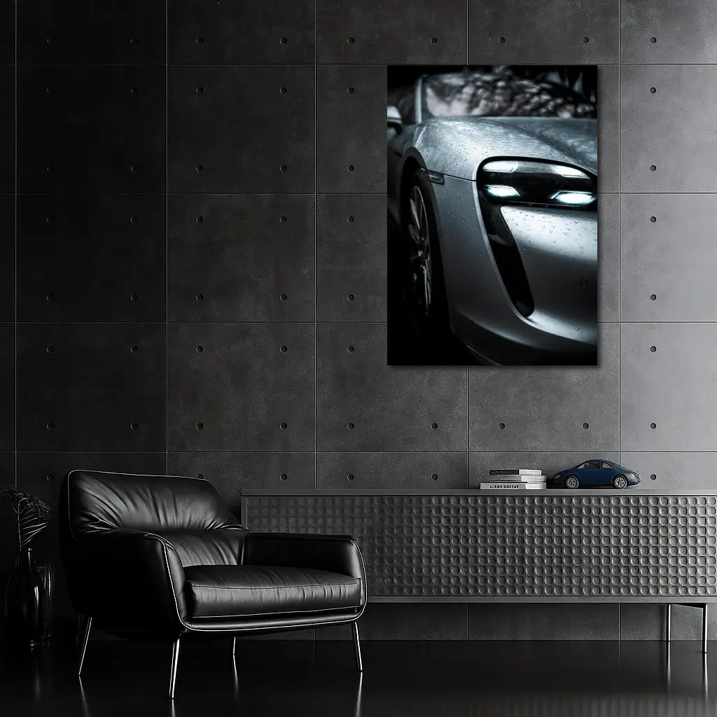 Porsche Taycan Front Close Up Rain Drops – Wall Art