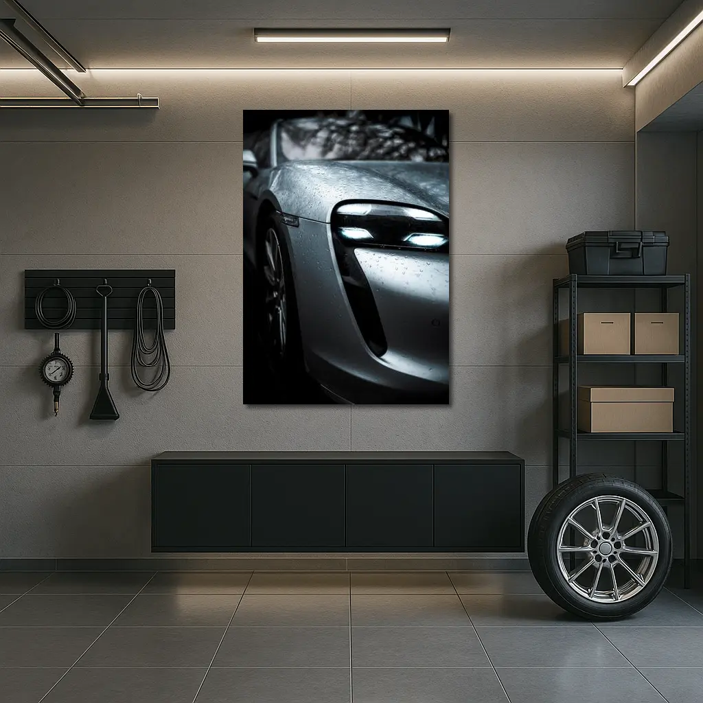 Porsche Taycan Front Close Up Rain Drops – Wall Art