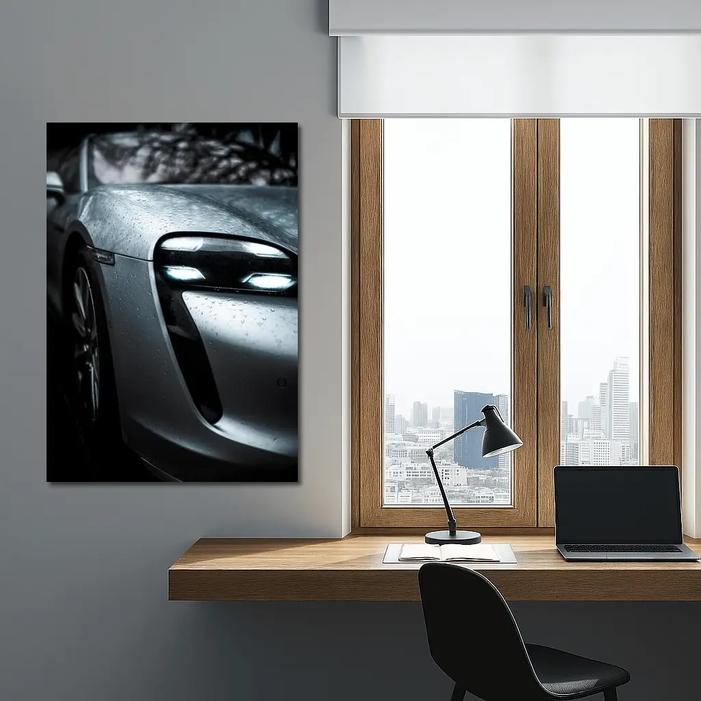 Porsche Taycan Front Close Up Rain Drops – Wall Art