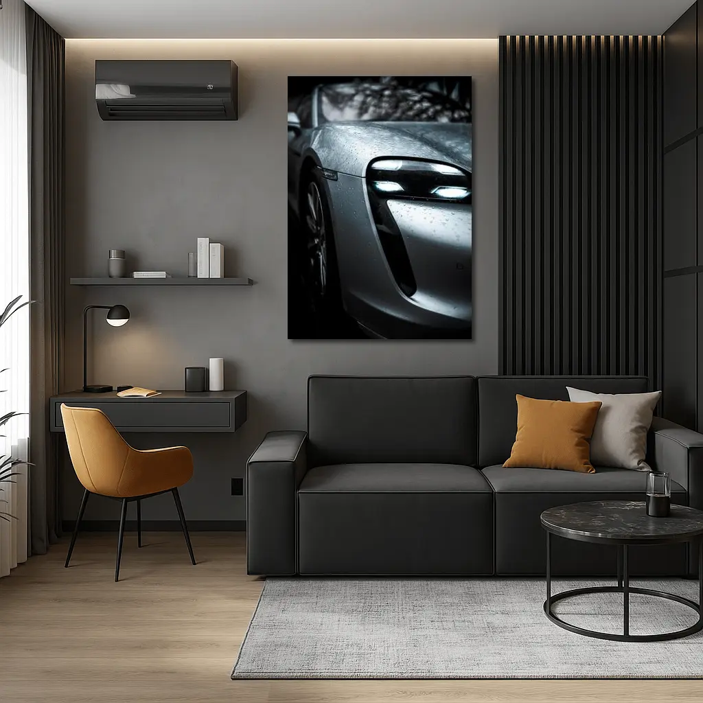 Porsche Taycan Front Close Up Rain Drops – Wall Art