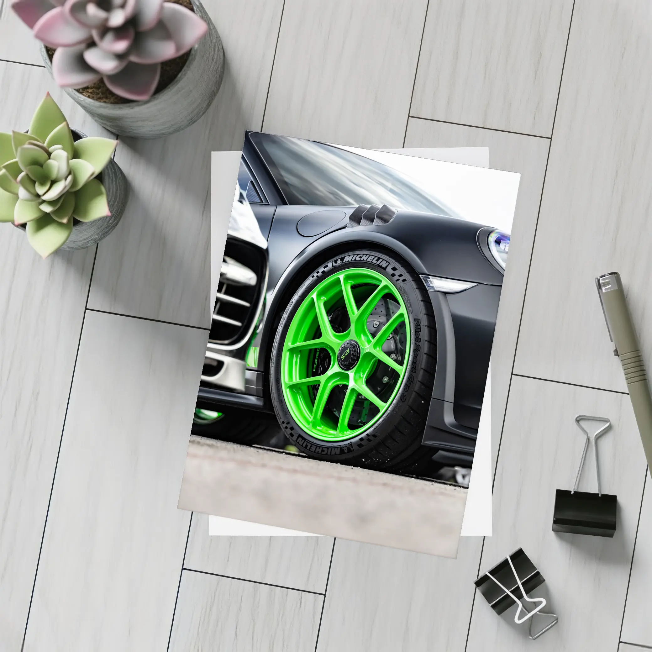 Porsche 911 Neon Green Wheels Track Detail – Postcards