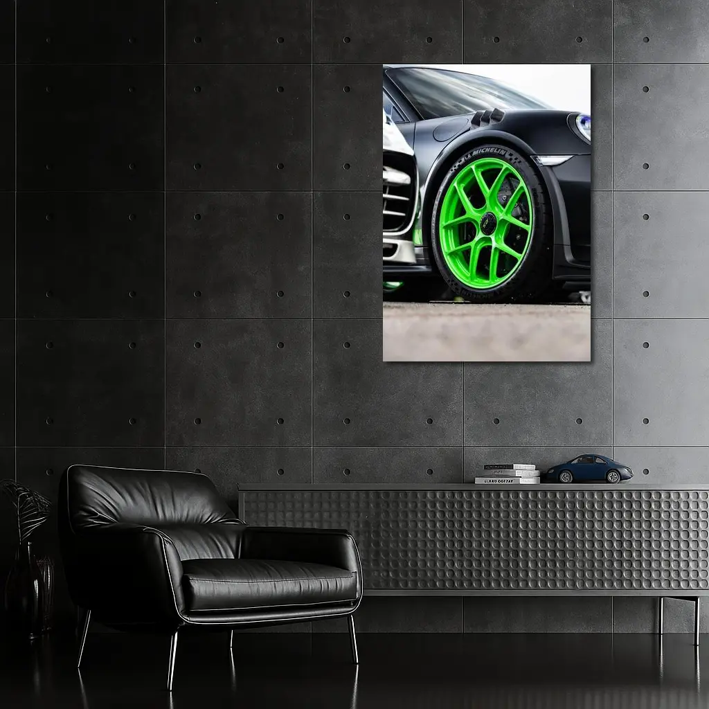 Porsche 911 Neon Green Wheels Track Detail – Wall Art
