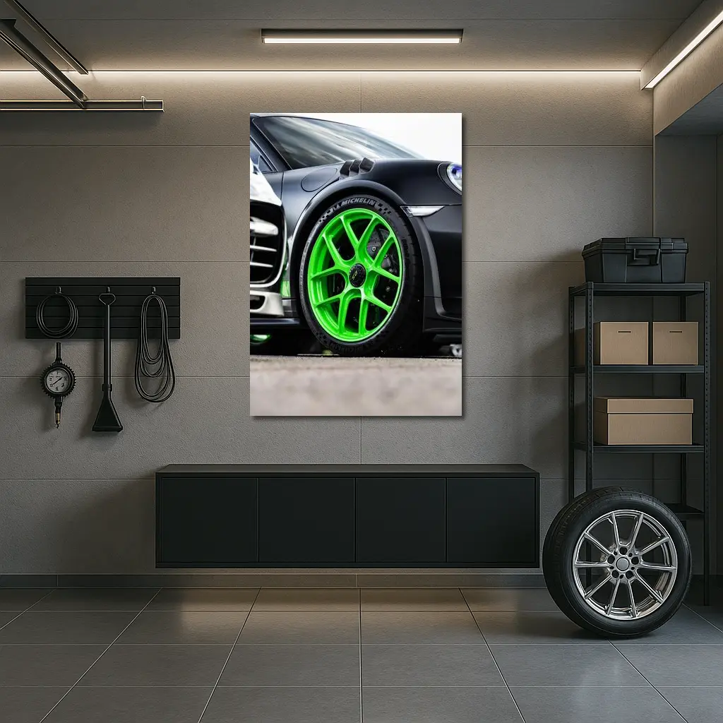 Porsche 911 Neon Green Wheels Track Detail – Wall Art