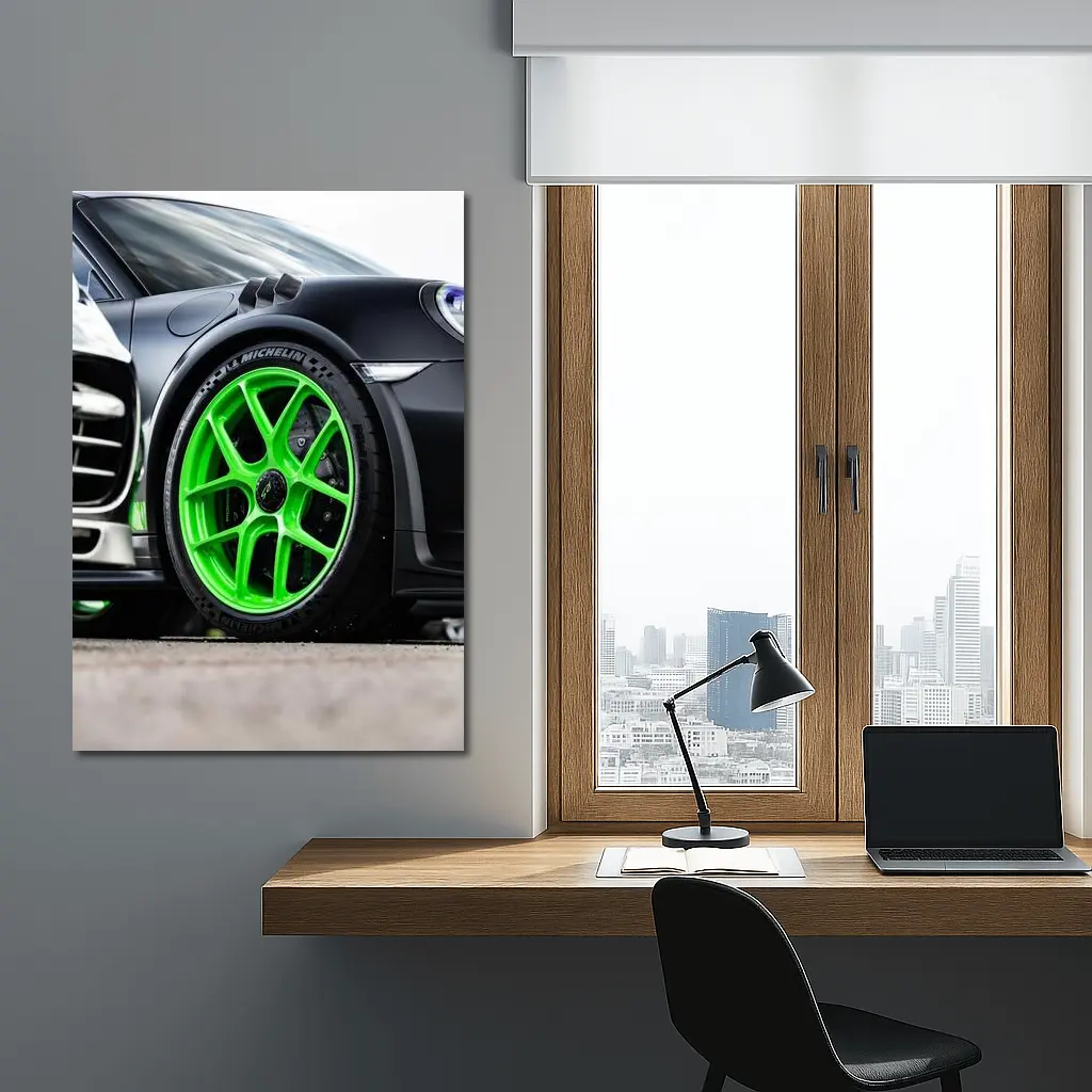 Porsche 911 Neon Green Wheels Track Detail – Wall Art