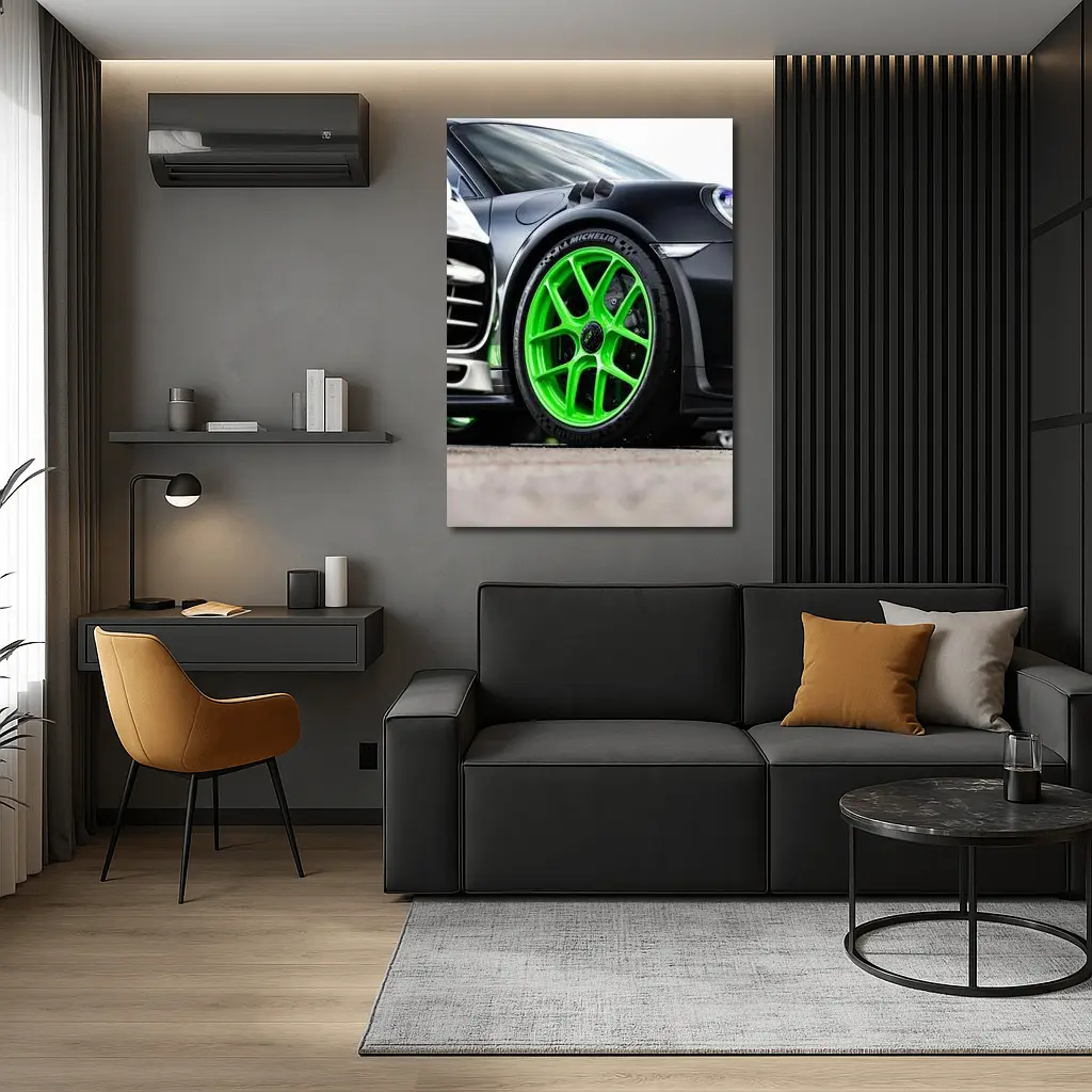 Porsche 911 Neon Green Wheels Track Detail – Wall Art