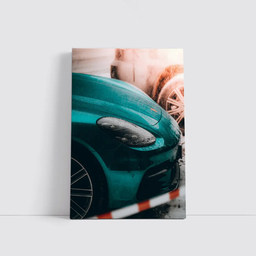 Teal Porsche Cayman At Snowy Car Wash – Wall Art