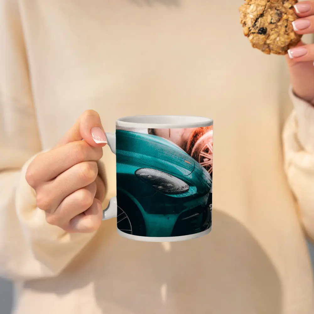 Teal Porsche Cayman At Snowy Car Wash – Mugs