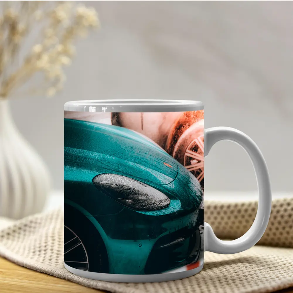 Teal Porsche Cayman At Snowy Car Wash – Mugs