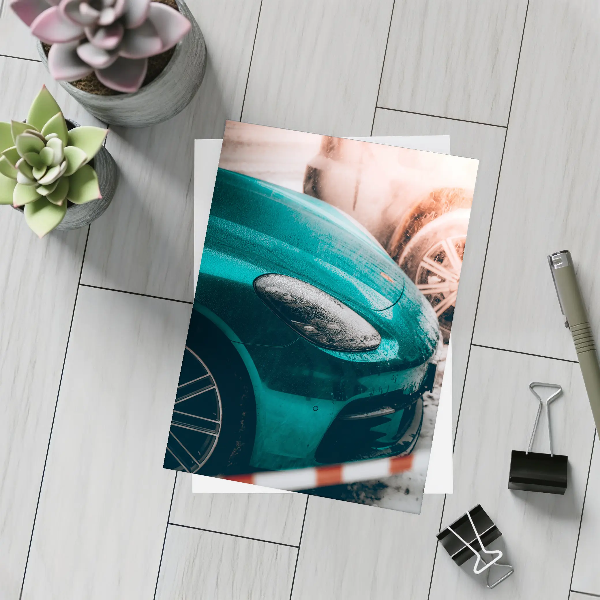 Teal Porsche Cayman At Snowy Car Wash – Postcards