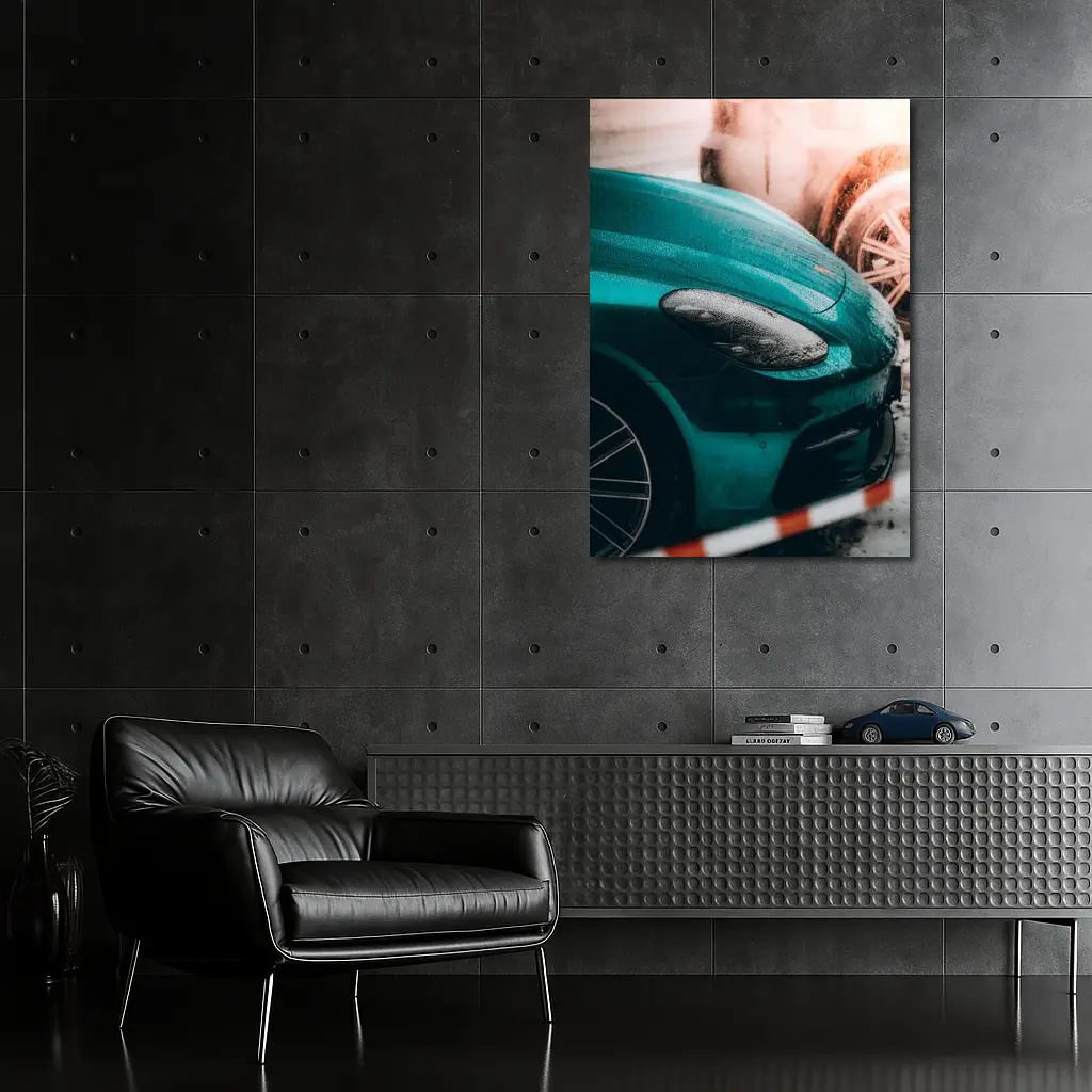 Teal Porsche Cayman At Snowy Car Wash – Wall Art