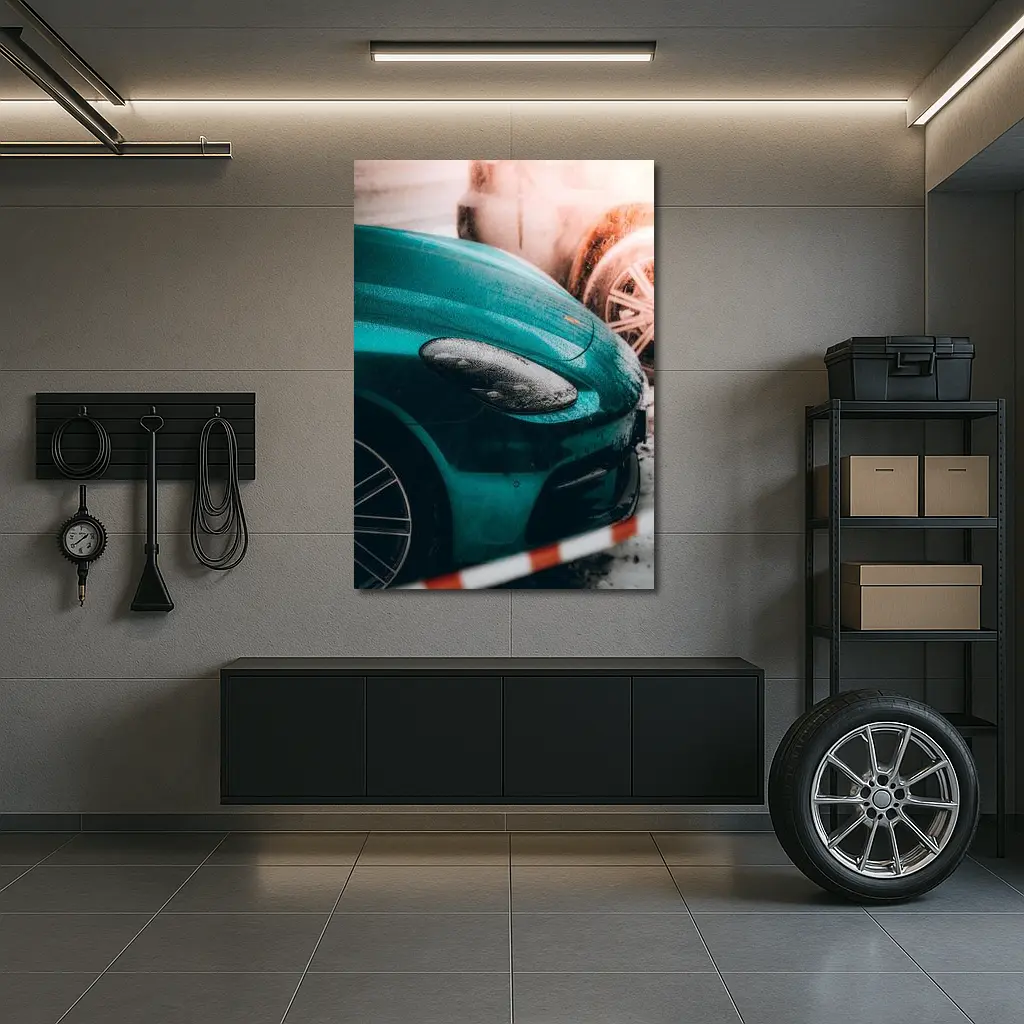 Teal Porsche Cayman At Snowy Car Wash – Wall Art