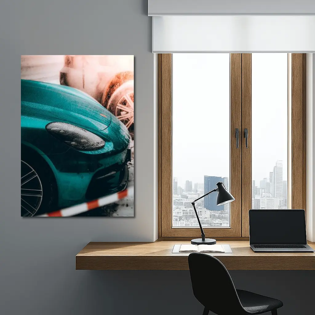 Teal Porsche Cayman At Snowy Car Wash – Wall Art