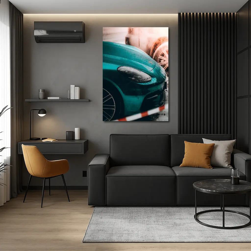 Teal Porsche Cayman At Snowy Car Wash – Wall Art