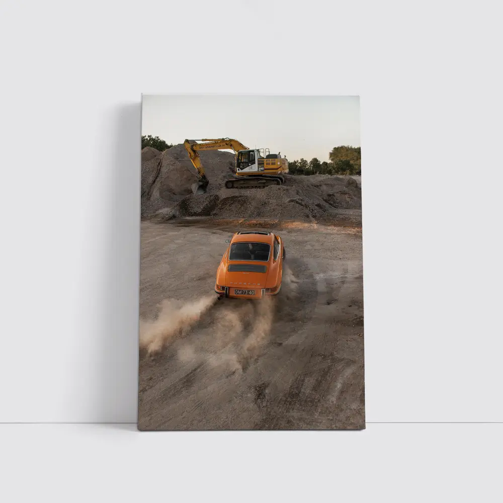 Orange Porsche 911 Drifting Dusty Gravel Quarry – Wall Art