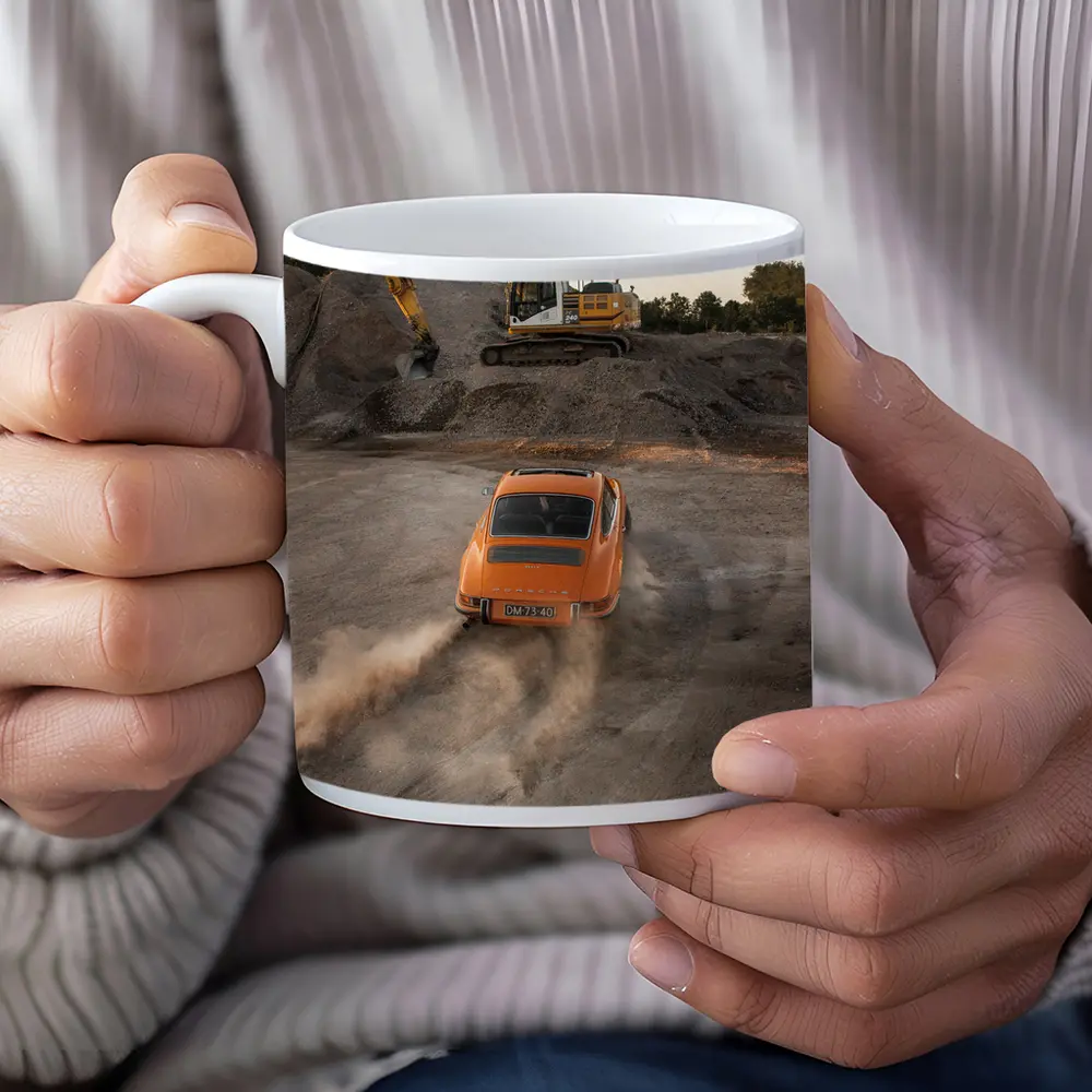 Orange Porsche 911 Drifting Dusty Gravel Quarry – Mugs
