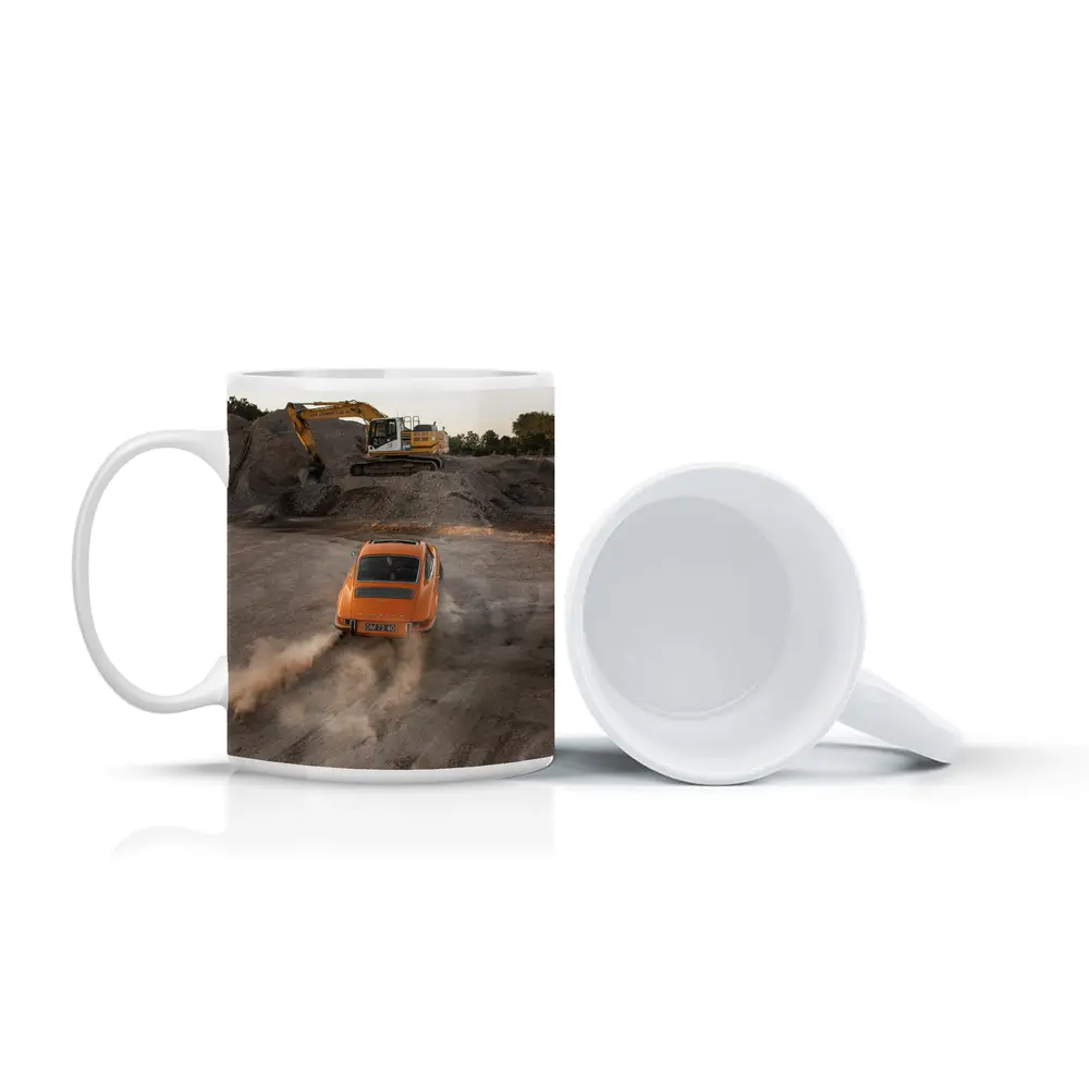 Orange Porsche 911 Drifting Dusty Gravel Quarry – Mugs