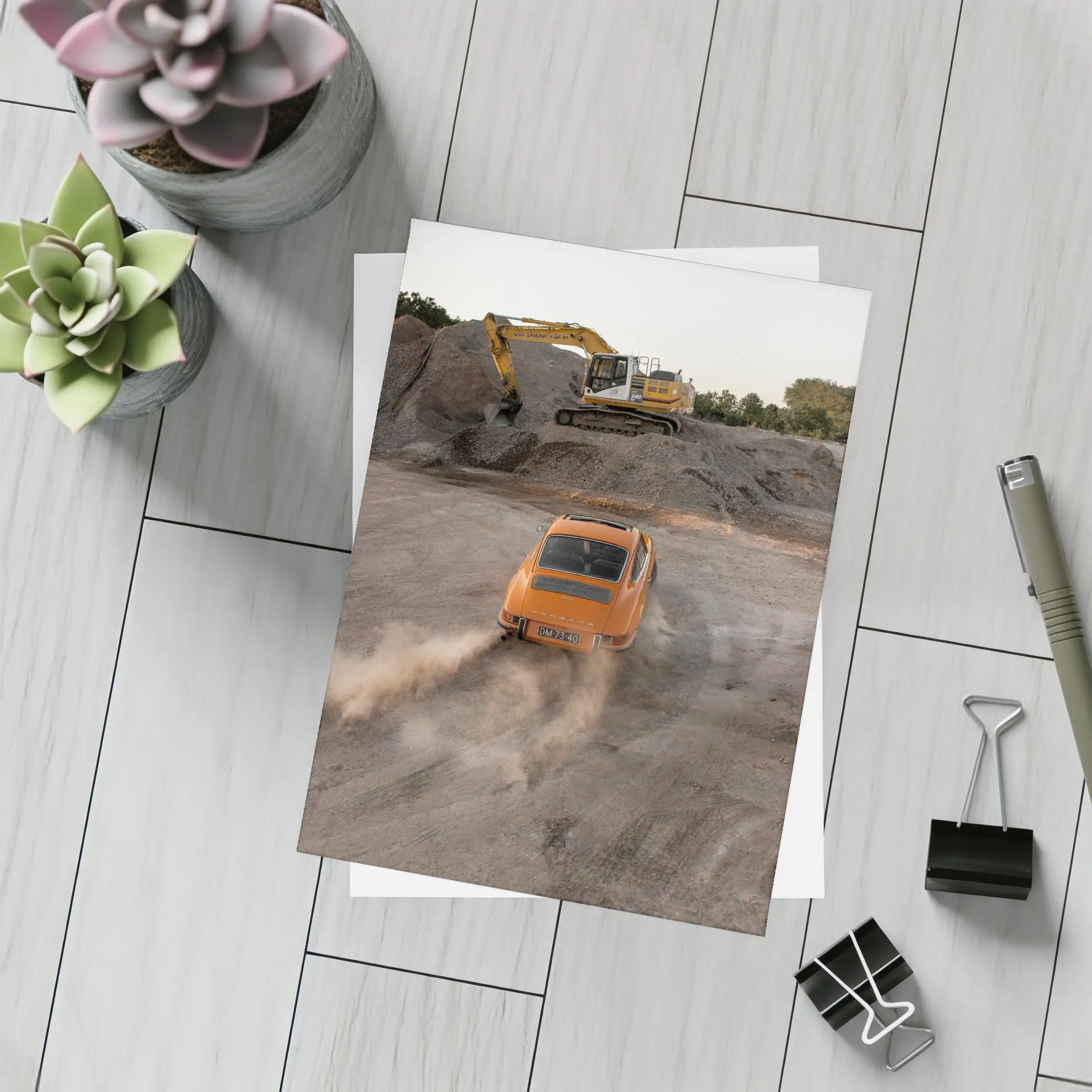 Orange Porsche 911 Drifting Dusty Gravel Quarry – Postcards
