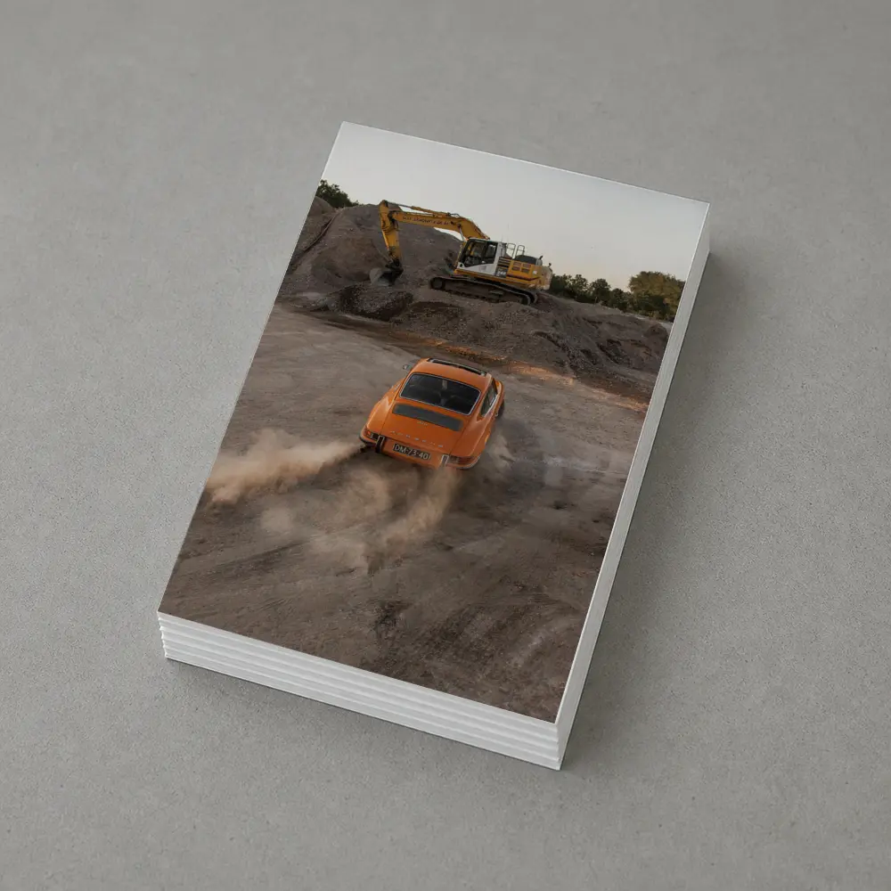Orange Porsche 911 Drifting Dusty Gravel Quarry – Postcards