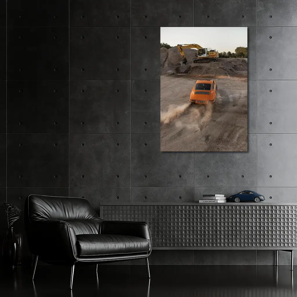 Orange Porsche 911 Drifting Dusty Gravel Quarry – Wall Art