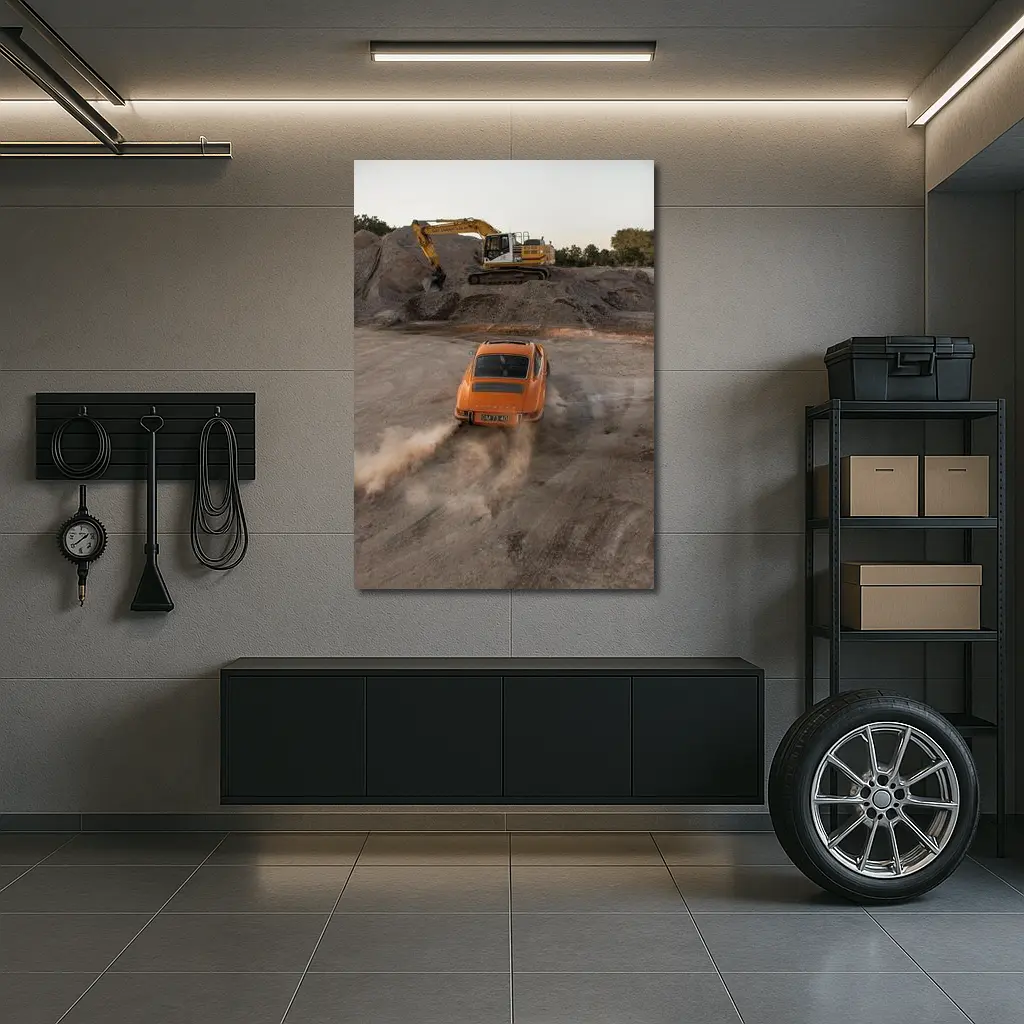Orange Porsche 911 Drifting Dusty Gravel Quarry – Wall Art