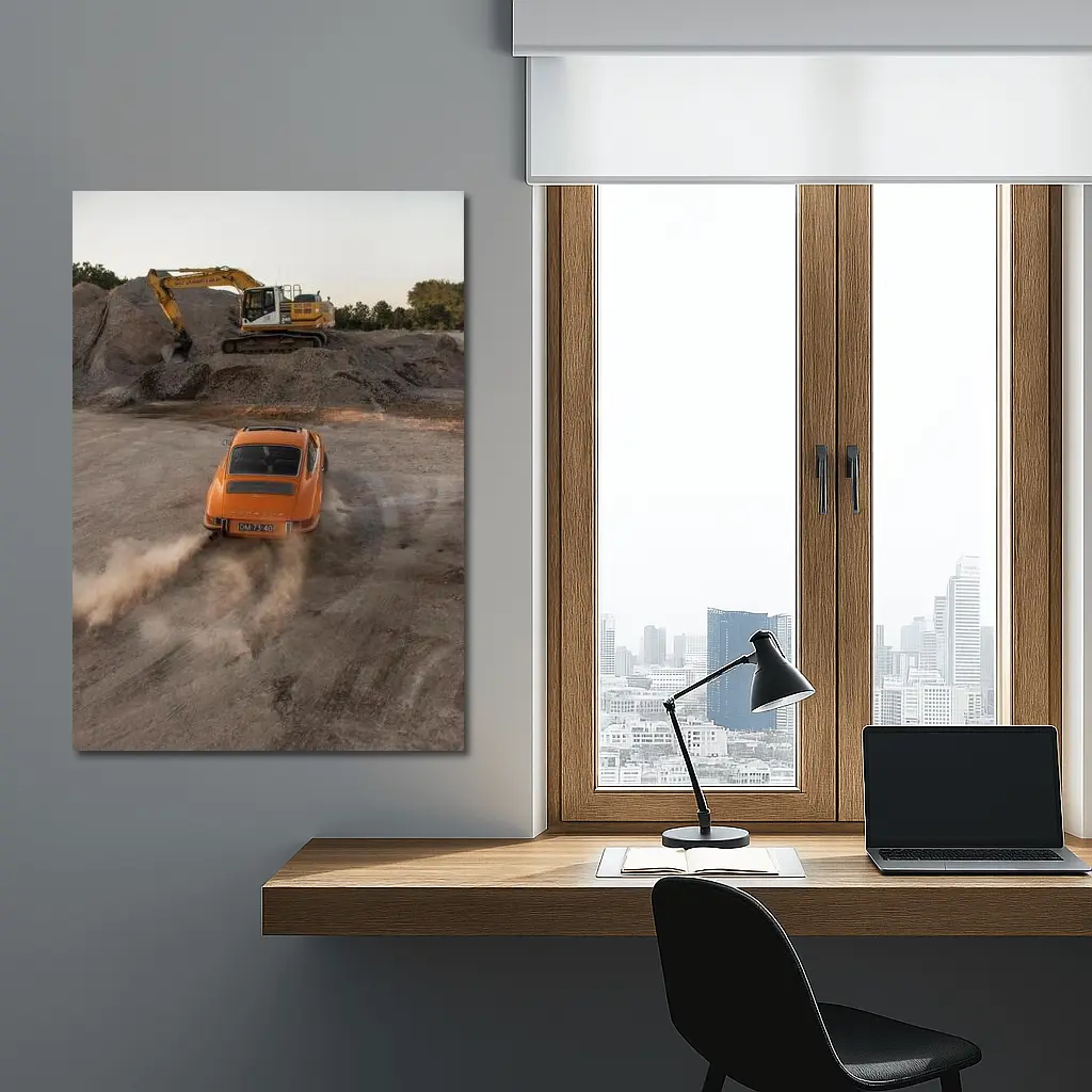 Orange Porsche 911 Drifting Dusty Gravel Quarry – Wall Art