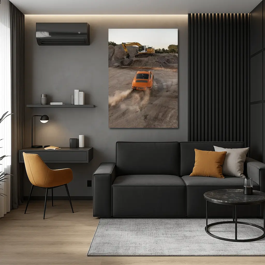 Orange Porsche 911 Drifting Dusty Gravel Quarry – Wall Art