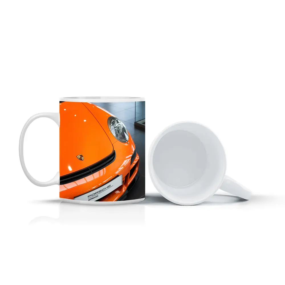 Porsche 911 Orange Front Dealership Interior – Mugs