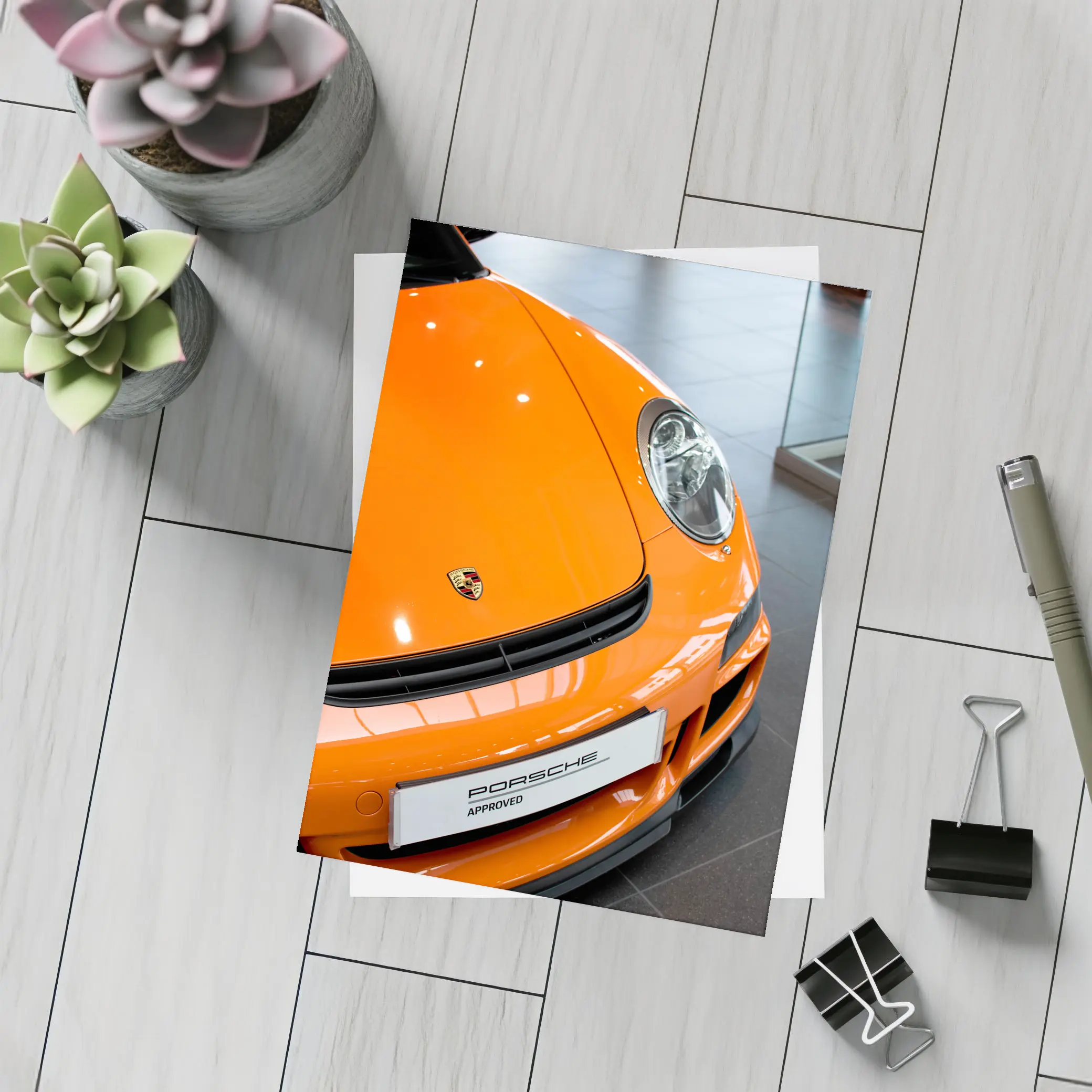 Porsche 911 Orange Front Dealership Interior – Postcards