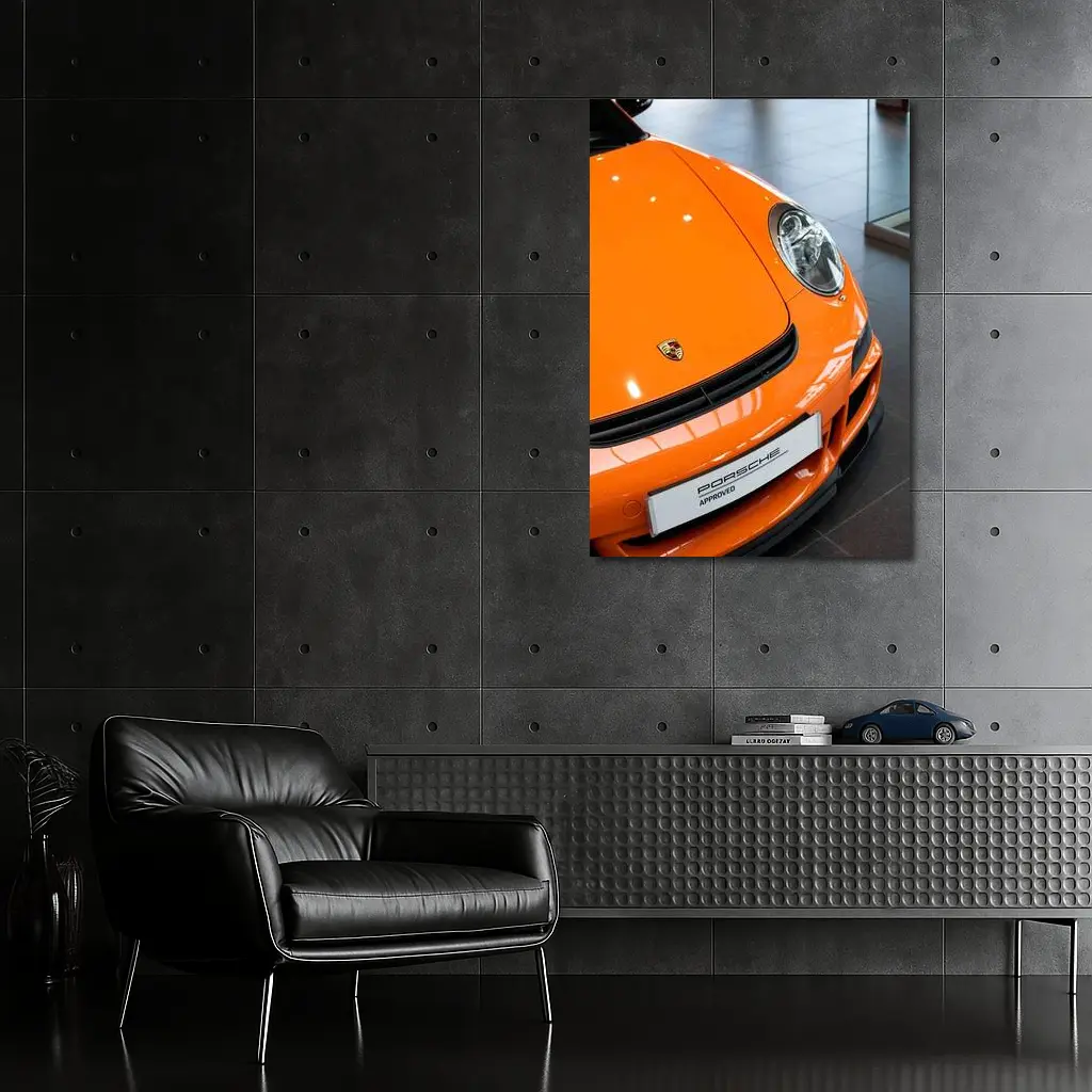 Porsche 911 Orange Front Dealership Interior – Wall Art