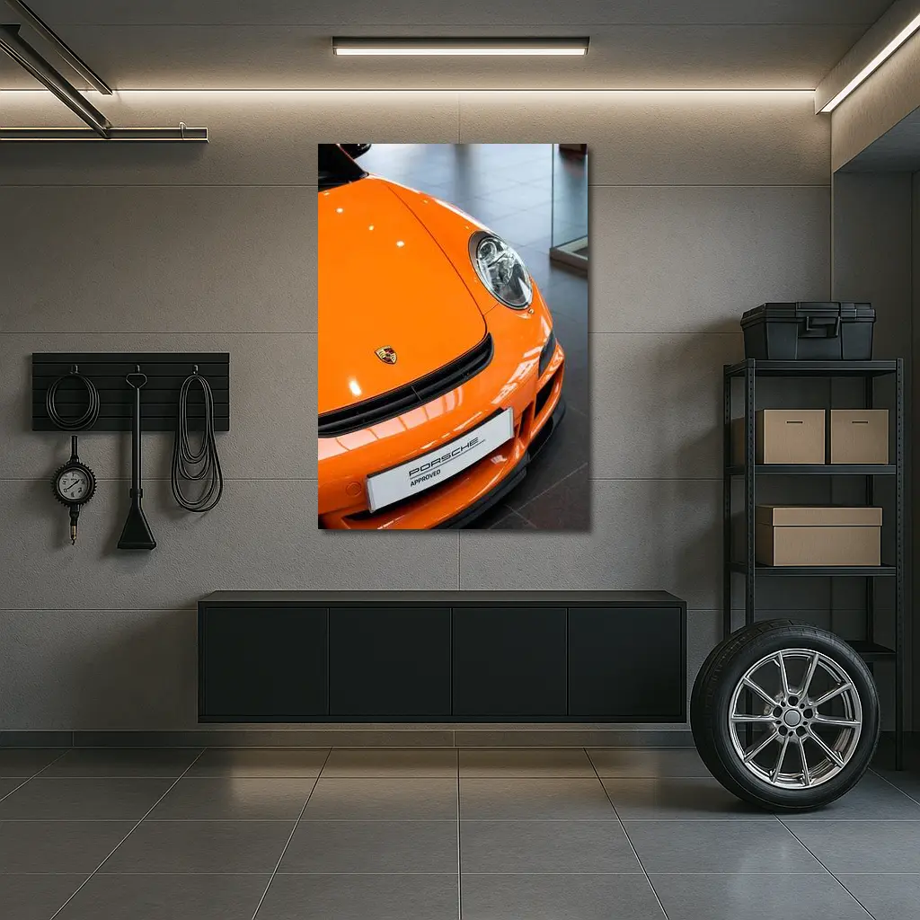 Porsche 911 Orange Front Dealership Interior – Wall Art