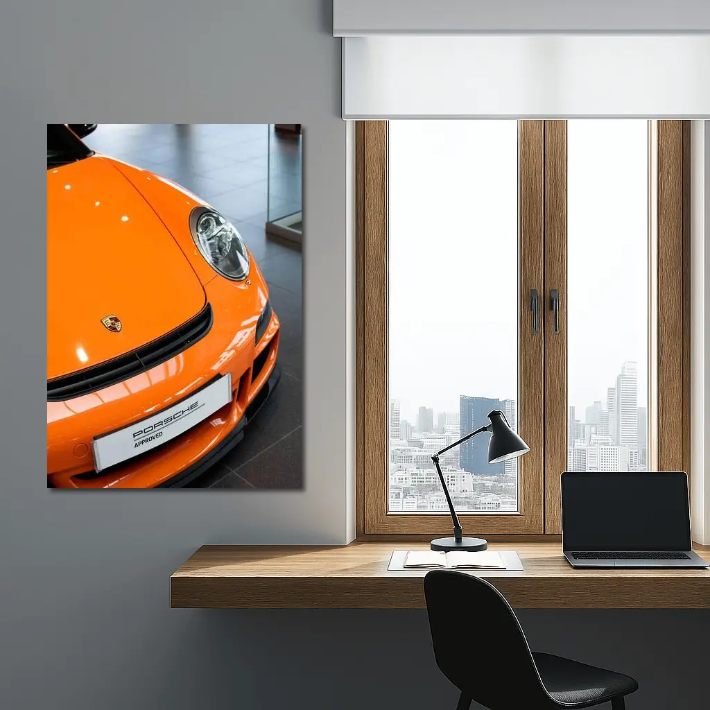 Porsche 911 Orange Front Dealership Interior – Wall Art