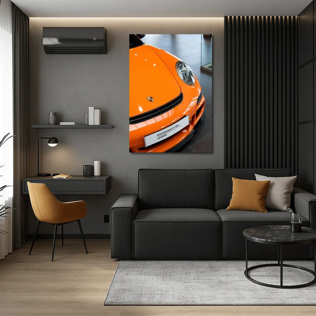 Porsche 911 Orange Front Dealership Interior – Wall Art