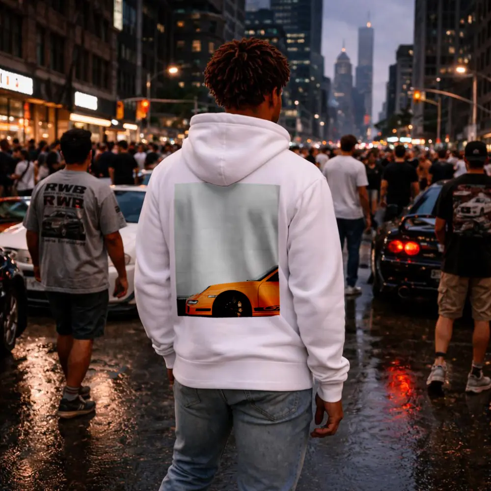 Orange Porsche GT3 Against White Wall – Hoodies