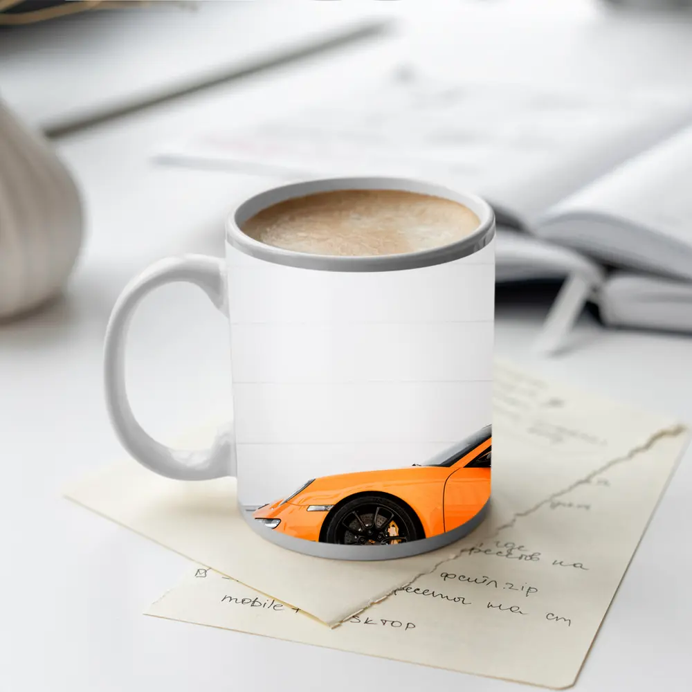 Orange Porsche GT3 Against White Wall – Mugs